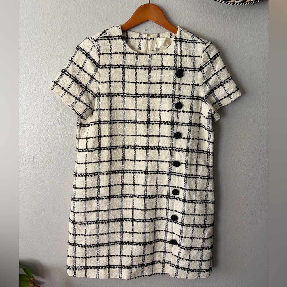 NWT Mestiza New York Isolde Cotton Blend Tweed Dress Black White Plaid Size 4